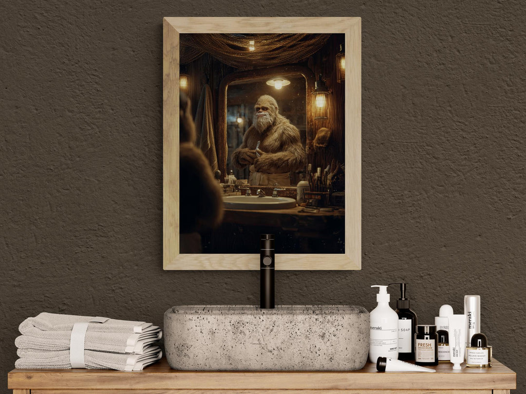 Funny artwork showing Sasquatch in a cozy wooden bathroom, grooming his beard at a mirror under warm lantern light. Bigfoot holds a razor while surrounded by toiletries, creating humorous and whimsical bathroom décor.