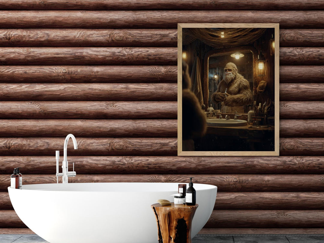 Funny artwork showing Sasquatch in a cozy wooden bathroom, grooming his beard at a mirror under warm lantern light. Bigfoot holds a razor while surrounded by toiletries, creating humorous and whimsical bathroom décor.
