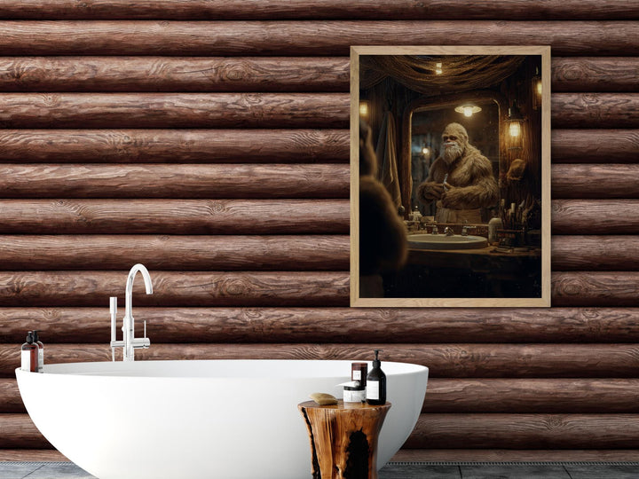 Funny artwork showing Sasquatch in a cozy wooden bathroom, grooming his beard at a mirror under warm lantern light. Bigfoot holds a razor while surrounded by toiletries, creating humorous and whimsical bathroom décor.