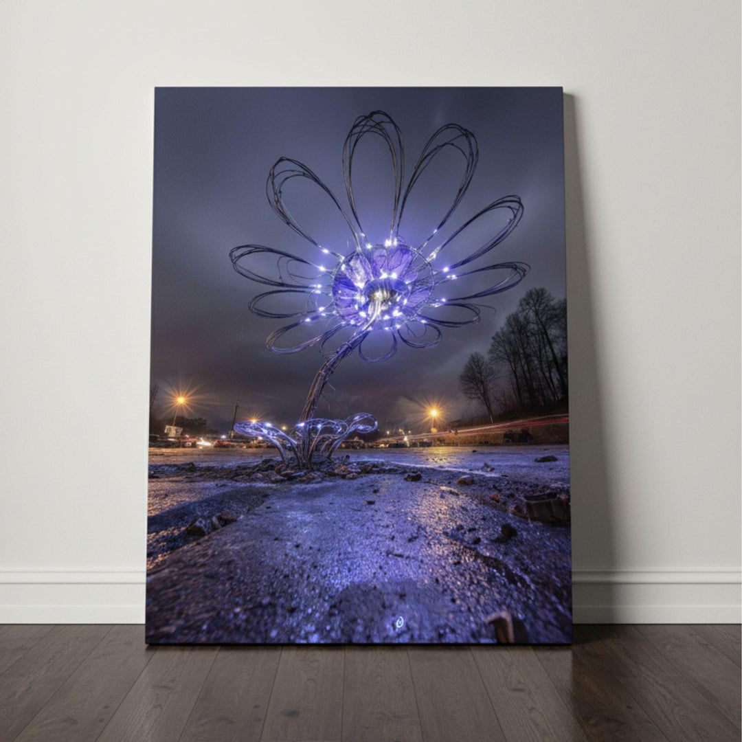 A tall wire-sculpted flower illuminated by small purple LED lights stands on wet pavement at night, with streetlights and a dramatic cloudy sky in the background, creating a surreal and atmospheric glowing flower art scene.