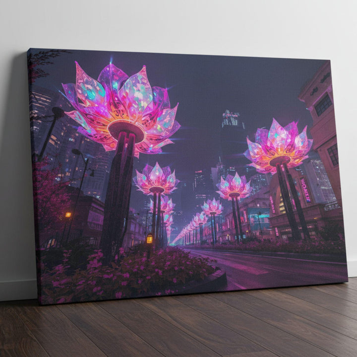 A surreal futuristic boulevard illuminated by enormous lotus-shaped neon light sculptures, glowing in radiant pink and purple hues against a skyline of tall city buildings and misty nighttime atmosphere.