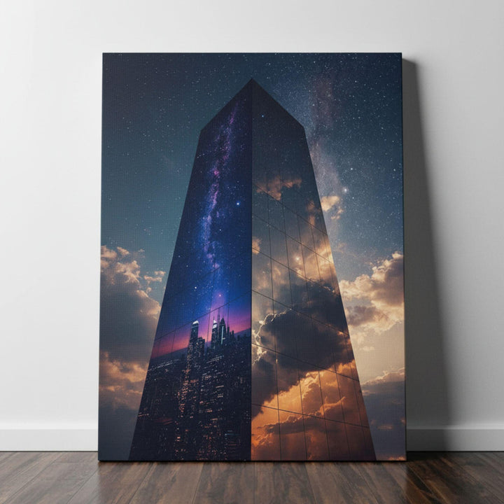 A surreal mirrored skyscraper stands against a star-filled night sky, reflecting the Milky Way, a glowing city skyline, and dramatic golden clouds on its glass surface, blending cosmic and architectural elements.
