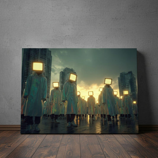 Faceless figures wearing shimmering raincoats and glowing analog television heads walk across a reflective street in a futuristic city at sunset, creating a surreal retro-futuristic atmosphere.