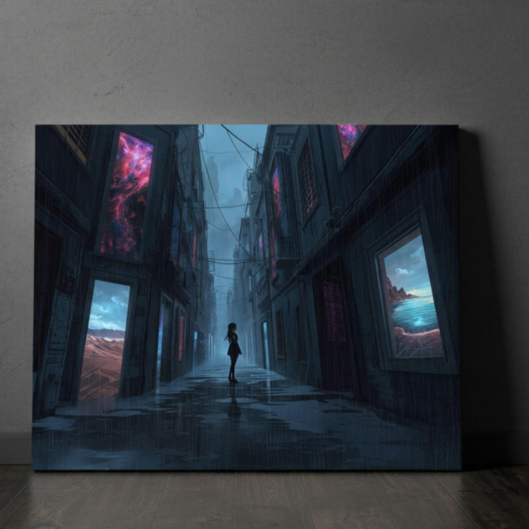 A dark, moody alley glistens with rain as a lone silhouette stands centered between tall buildings displaying glowing surreal landscapes in their windows, creating a cinematic and dreamlike atmosphere.