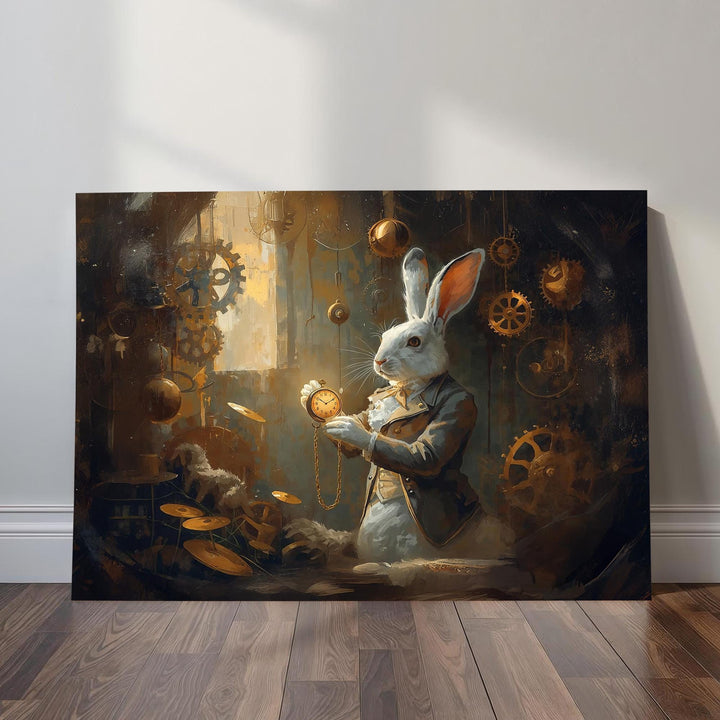 A detailed white rabbit in Victorian steampunk clothing holds a glowing pocket watch as golden gears and clock parts float around him. Warm light shines through a window, creating an atmospheric Alice in Wonderland–inspired fantasy setting.