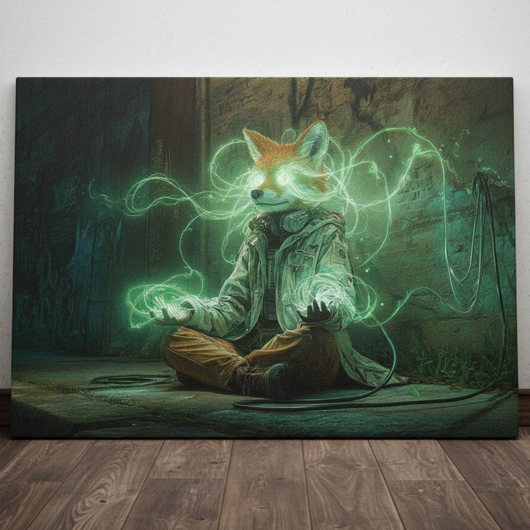 An anthropomorphic fox with glowing green eyes sits cross-legged in a gritty alley, summoning swirling neon green energy between its hands, surrounded by cables, graffiti, and moody cyberpunk lighting.