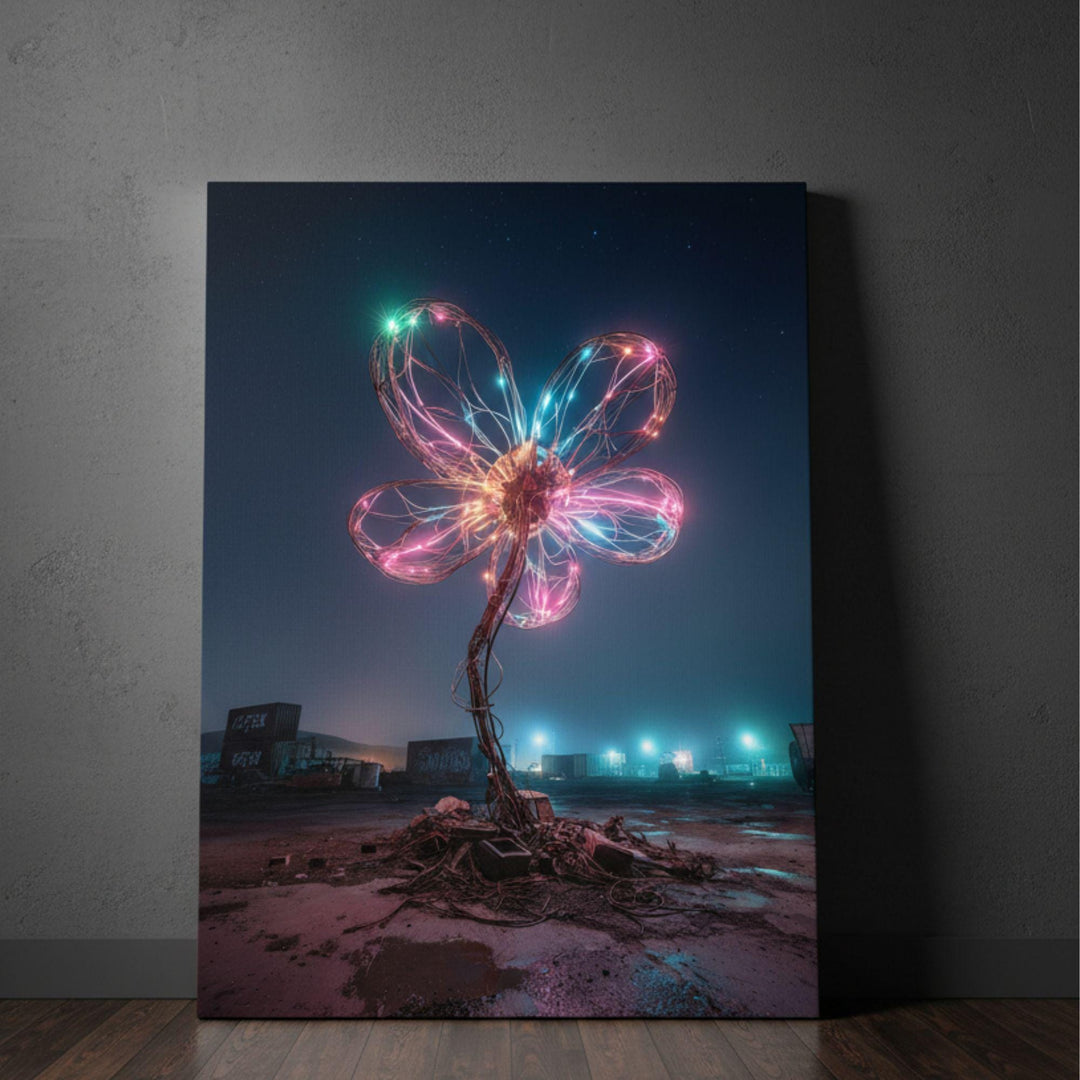 A surreal neon flower sculpture made of looping wires glows with colorful lights against a dark, starry night sky in an industrial lot, with reflections on wet pavement and atmospheric blue and pink lighting.