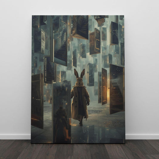 An anthropomorphic rabbit in a long coat strolls through a surreal scene filled with floating doors, soft mist, and atmospheric warm and cool lighting, creating a magical, dreamlike environment.