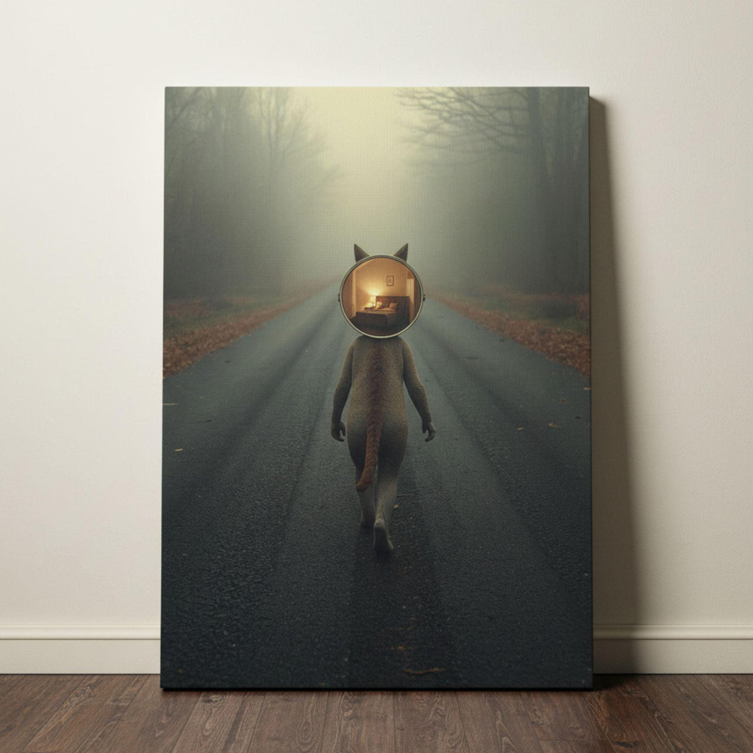 A surreal minimalist scene depicting a foggy road through bare trees, where a lone figure with a circular glowing room instead of a face walks away into the mist, blending dreamlike atmosphere with symbolic storytelling.