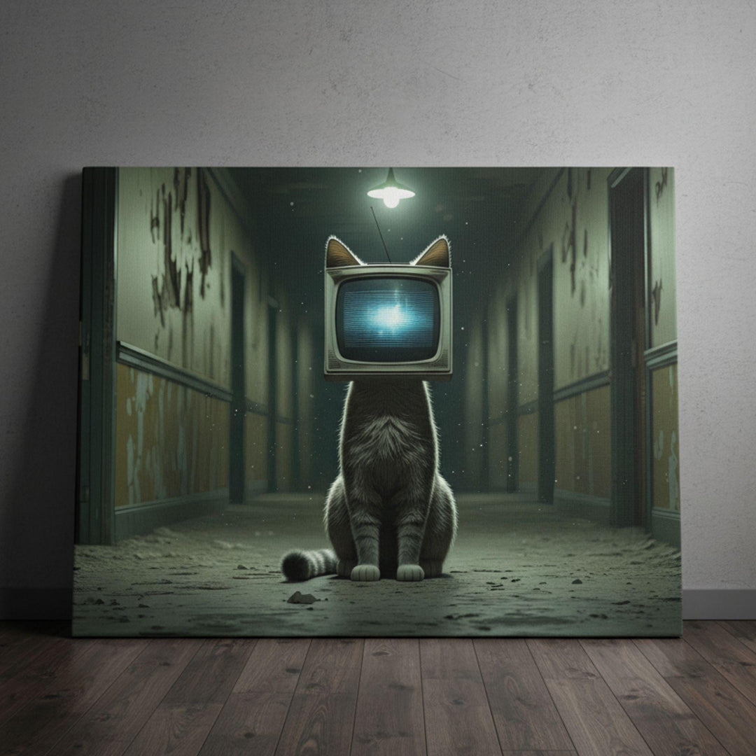 Weirdcore print of a cat with a retro TV for a head standing in an eerie, abandoned hallway. This dreamcore-inspired wall art blends glitchy nostalgia, dystopian symbolism, and surreal atmosphere, perfect for fans of weirdcore, liminal spaces, vaporwave, and unique anthropomorphic art.