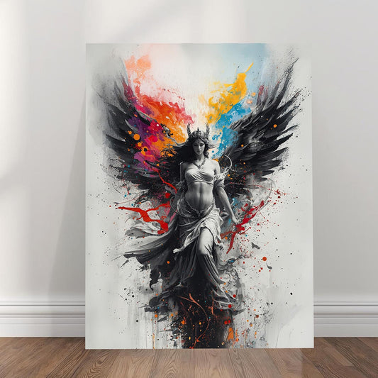 A powerful angelic woman with black wings, a flowing white gown, and a crown stands amid vibrant explosions of red, blue, orange, and yellow paint, creating a dramatic fantasy scene.