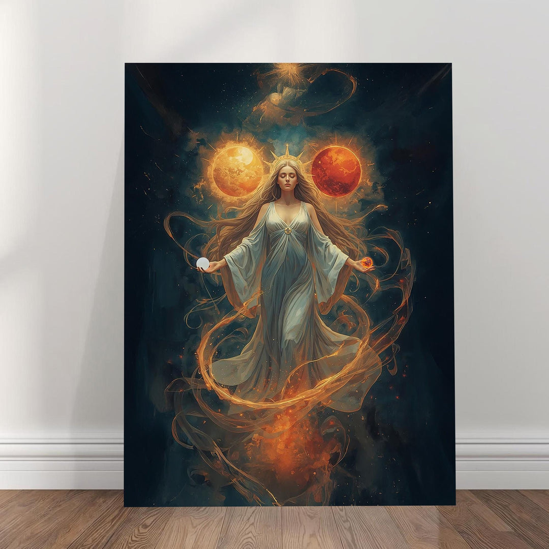 A serene celestial goddess in a pale blue gown floats in space while holding a glowing moon in one hand and a fiery sun in the other, surrounded by swirling golden energy, radiant embers, and two luminous planets behind her.