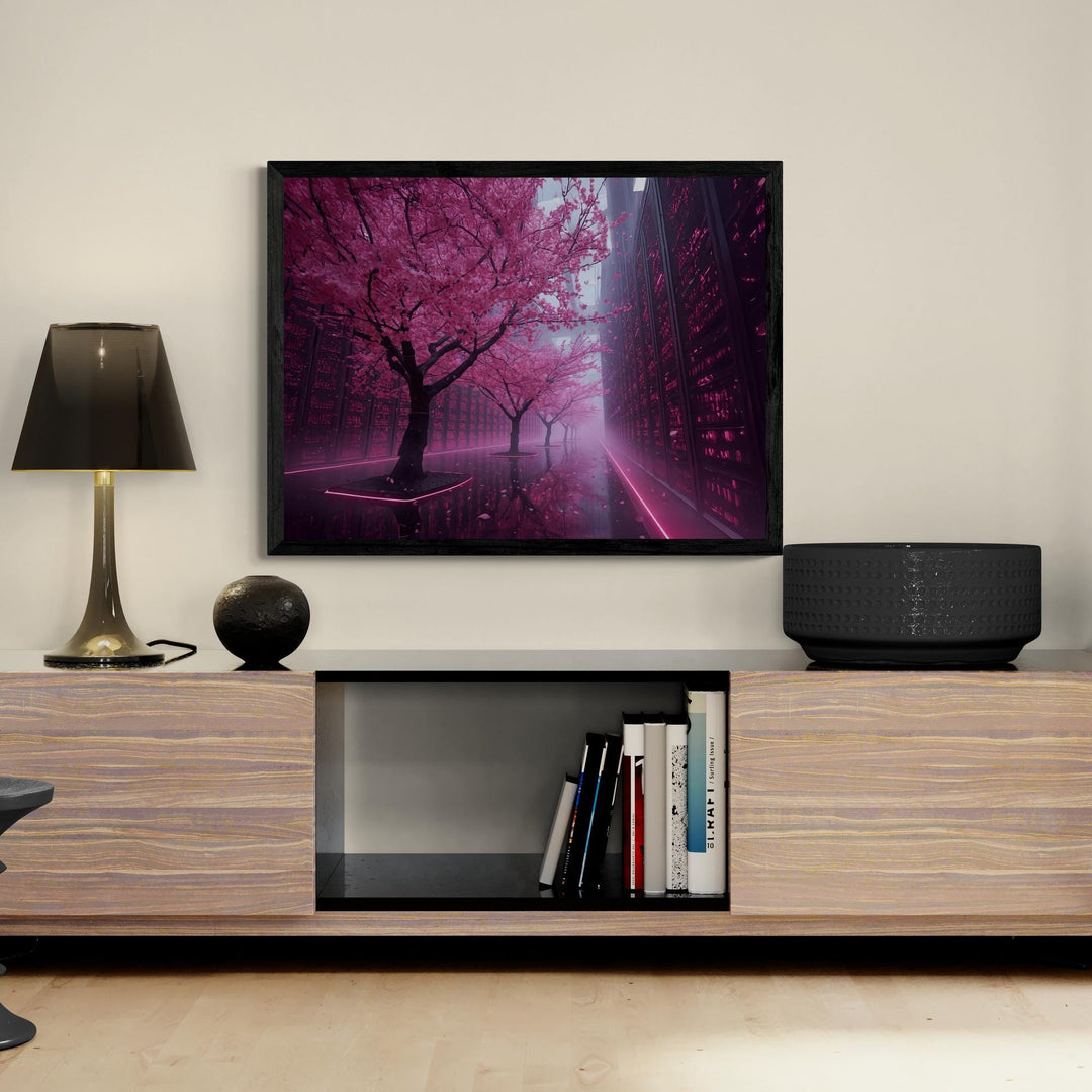 A surreal cyberpunk landscape featuring cherry blossom trees with vibrant pink leaves growing between tall illuminated futuristic panels, with neon reflections on the wet walkway and mist filling the scene.