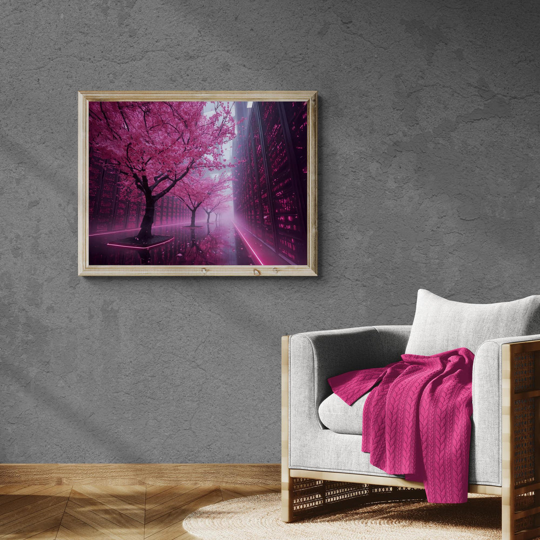 A surreal cyberpunk landscape featuring cherry blossom trees with vibrant pink leaves growing between tall illuminated futuristic panels, with neon reflections on the wet walkway and mist filling the scene.