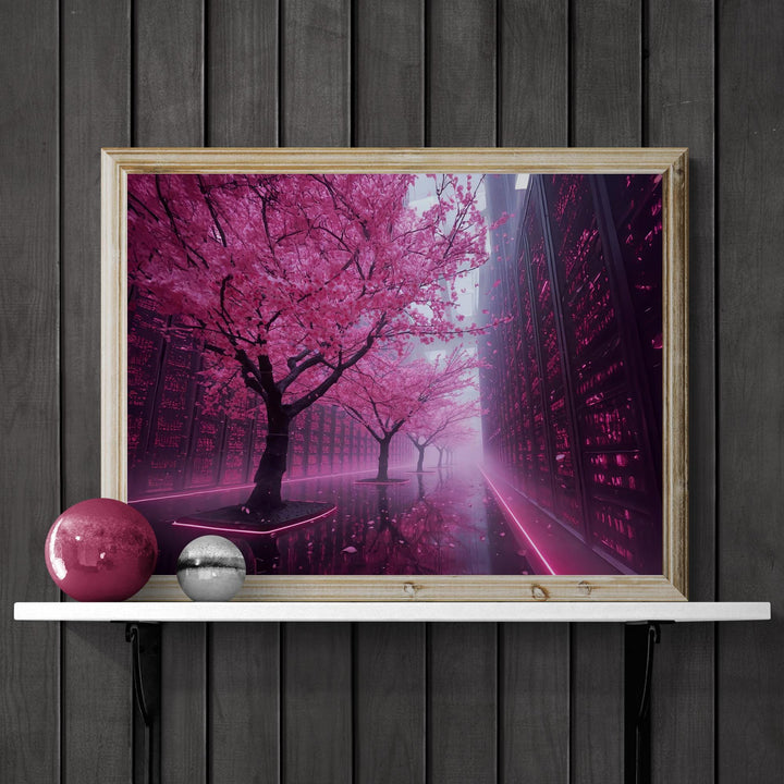 A row of glowing pink cherry blossom trees stands between futuristic neon-lit structures with mist and petals drifting.