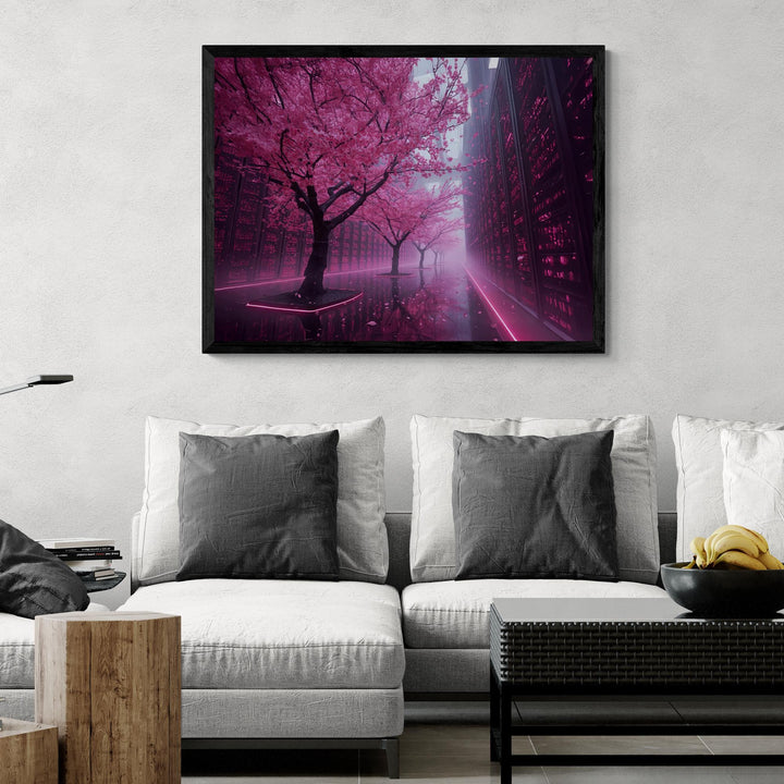 A surreal cyberpunk landscape featuring cherry blossom trees with vibrant pink leaves growing between tall illuminated futuristic panels, with neon reflections on the wet walkway and mist filling the scene.