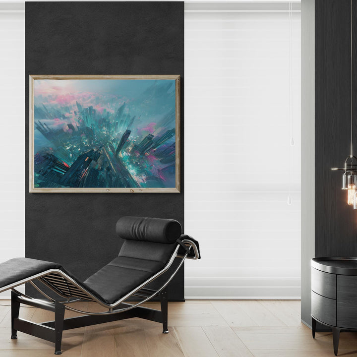 A glowing sci-fi city from above with teal towers, pink blossoms, and atmospheric clouds.