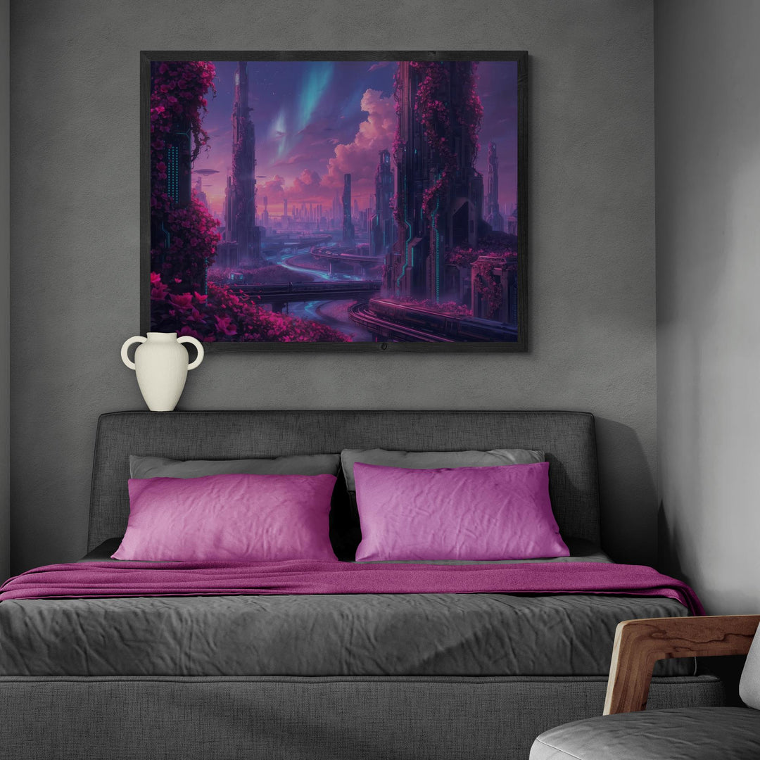 A sci-fi city filled with pink skies, glowing towers, and lush futuristic vines.