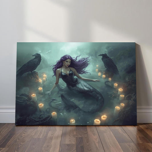 A dark fantasy mermaid with flowing purple hair and shimmering scales rises from fog-covered water, surrounded by lit candles and two large ravens perched nearby, creating a moody gothic atmosphere.