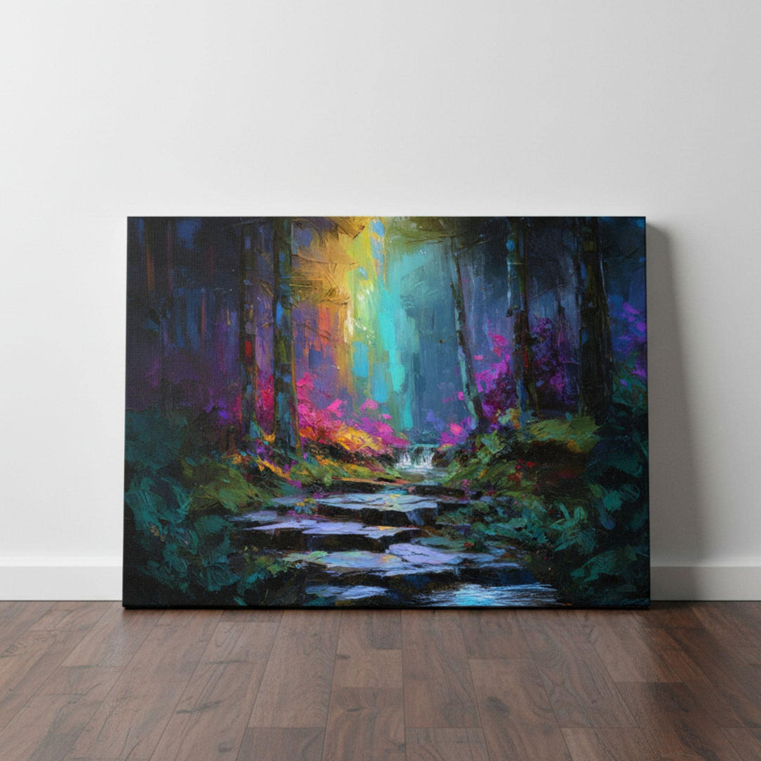 A dreamy, colorful forest scene shows a stone path leading toward a glowing waterfall and radiant light. Rich blues, pinks, and golds illuminate the trees and plants, giving the artwork a magical, otherworldly atmosphere.