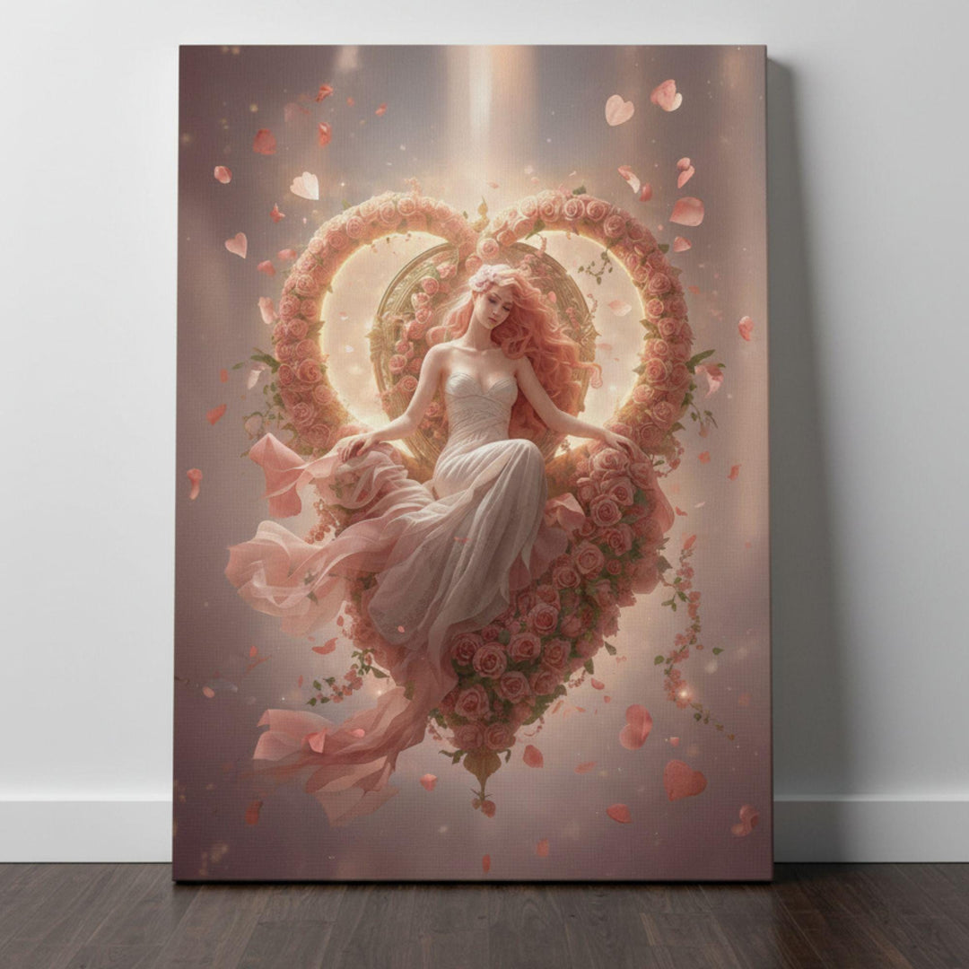 A romantic fantasy scene shows a serene goddess in a flowing white dress sitting on a heart-shaped throne covered in pink roses. Petals float around her in soft light, and warm beams illuminate her hair and dress, creating an ethereal, romantic atmosphere.