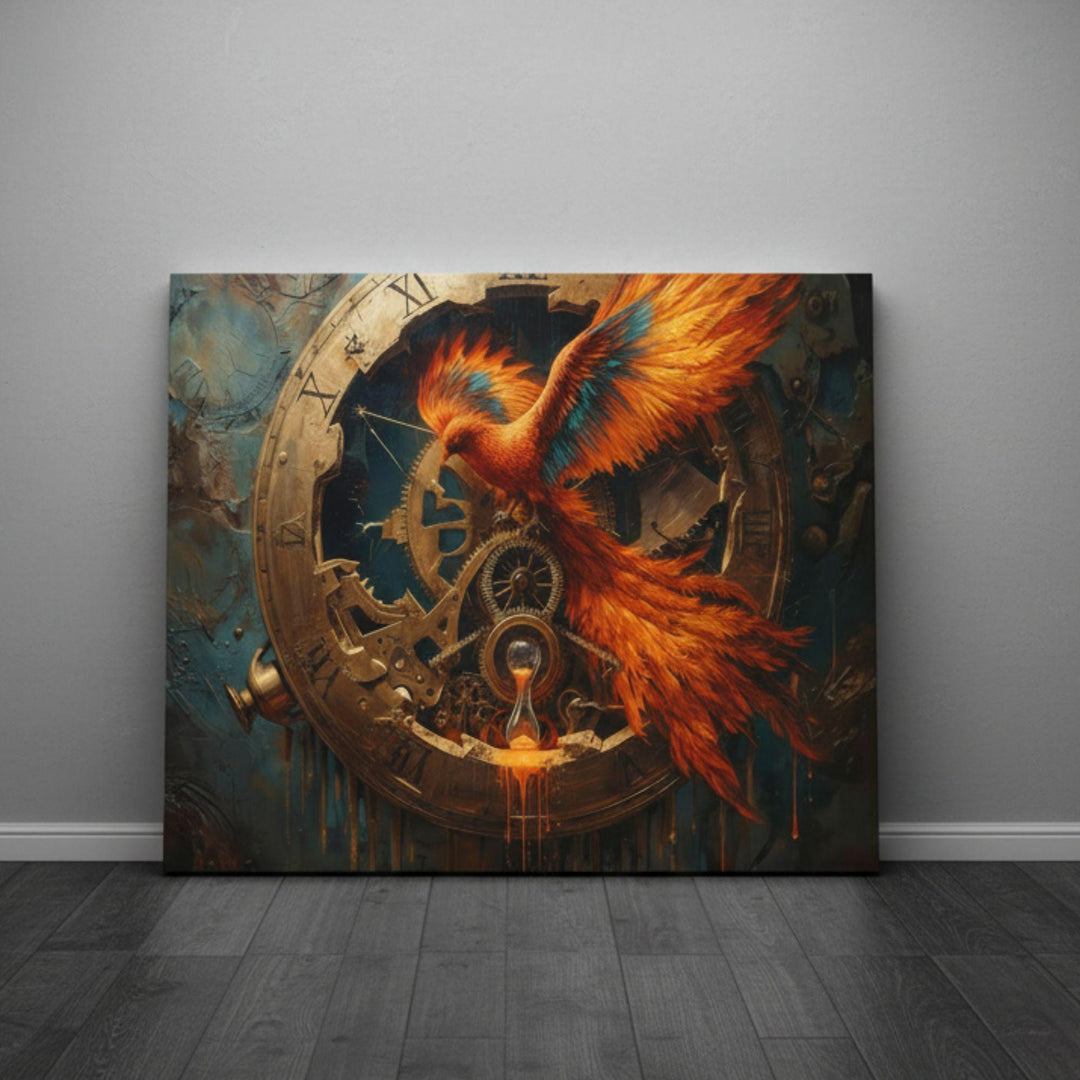 A dramatic fantasy artwork featuring a fiery phoenix emerging through a large antique clock. Golden gears spin behind the bird’s wings, and an hourglass drips molten sand. The vibrant orange feathers contrast with the mechanical clockwork and dark background, creating a bold steampunk-fantasy scene.