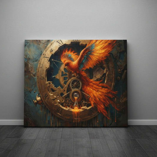 A dramatic fantasy artwork featuring a fiery phoenix emerging through a large antique clock. Golden gears spin behind the bird’s wings, and an hourglass drips molten sand. The vibrant orange feathers contrast with the mechanical clockwork and dark background, creating a bold steampunk-fantasy scene.