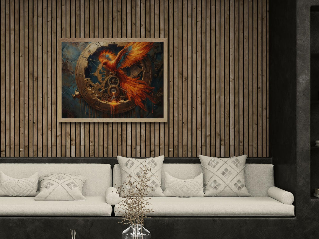 A dramatic fantasy artwork featuring a fiery phoenix emerging through a large antique clock. Golden gears spin behind the bird’s wings, and an hourglass drips molten sand. The vibrant orange feathers contrast with the mechanical clockwork and dark background, creating a bold steampunk-fantasy scene.