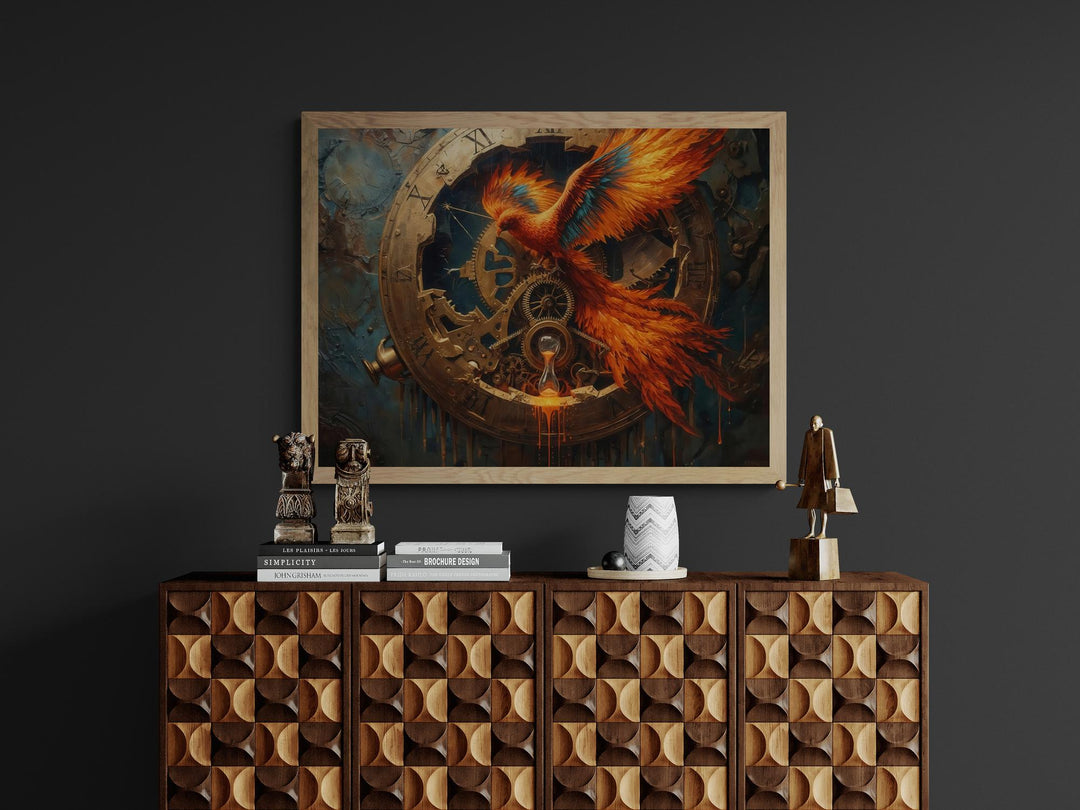 A dramatic fantasy artwork featuring a fiery phoenix emerging through a large antique clock. Golden gears spin behind the bird’s wings, and an hourglass drips molten sand. The vibrant orange feathers contrast with the mechanical clockwork and dark background, creating a bold steampunk-fantasy scene.