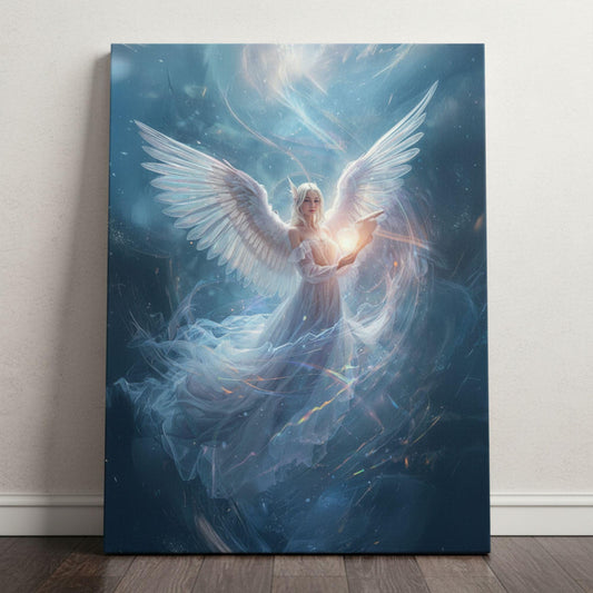 A luminous ethereal angel with large white wings floats in swirling celestial light. She wears a flowing translucent white dress and holds a radiant glowing orb, surrounded by shimmering blues and iridescent sparkles. The atmosphere is soft, heavenly, and magical.