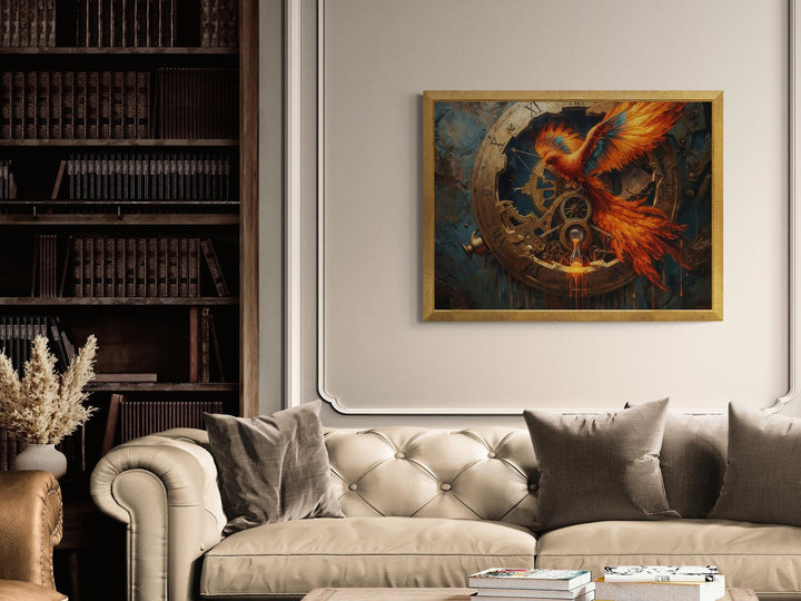 A dramatic fantasy artwork featuring a fiery phoenix emerging through a large antique clock. Golden gears spin behind the bird’s wings, and an hourglass drips molten sand. The vibrant orange feathers contrast with the mechanical clockwork and dark background, creating a bold steampunk-fantasy scene.