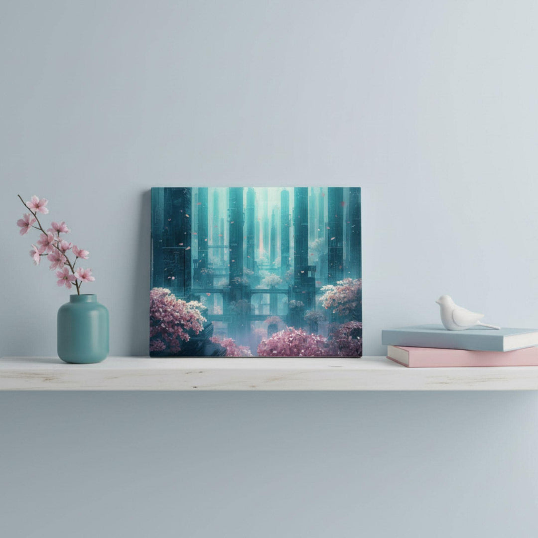 A serene sci-fi cityscape with glowing teal towers and soft pink cherry blossom trees drifting with petals.