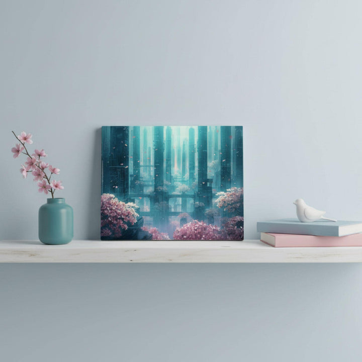 A serene sci-fi cityscape with glowing teal towers and soft pink cherry blossom trees drifting with petals.