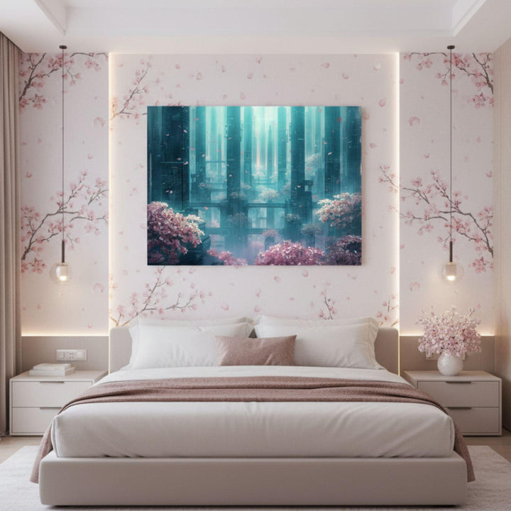 A serene sci-fi cityscape with glowing teal towers and soft pink cherry blossom trees drifting with petals.