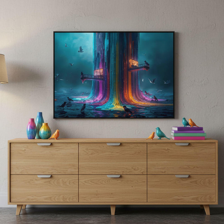 A surreal fantasy cityscape featuring a tall glowing rainbow-colored tower that melts into flowing neon streams. Birds fly around the structure, and two illuminated balconies extend from the tower over reflective water, creating a dreamlike sci-fi atmosphere.