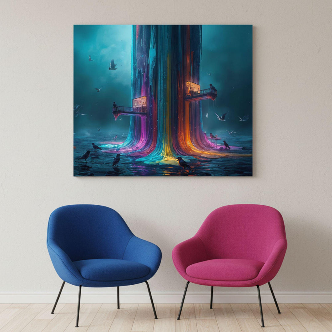 A neon rainbow skyscraper melting into colorful streams with birds and floating balconies in a surreal fantasy scene.