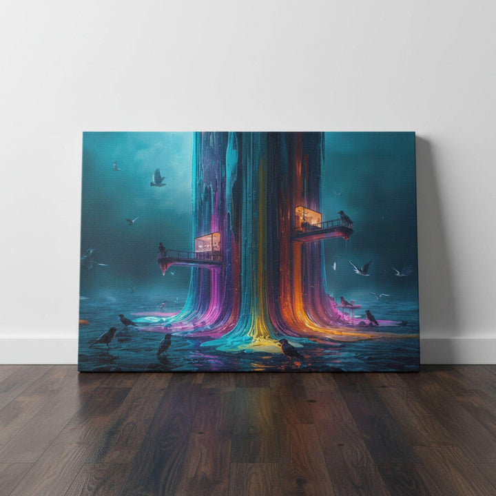 A surreal fantasy cityscape featuring a tall glowing rainbow-colored tower that melts into flowing neon streams. Birds fly around the structure, and two illuminated balconies extend from the tower over reflective water, creating a dreamlike sci-fi atmosphere.