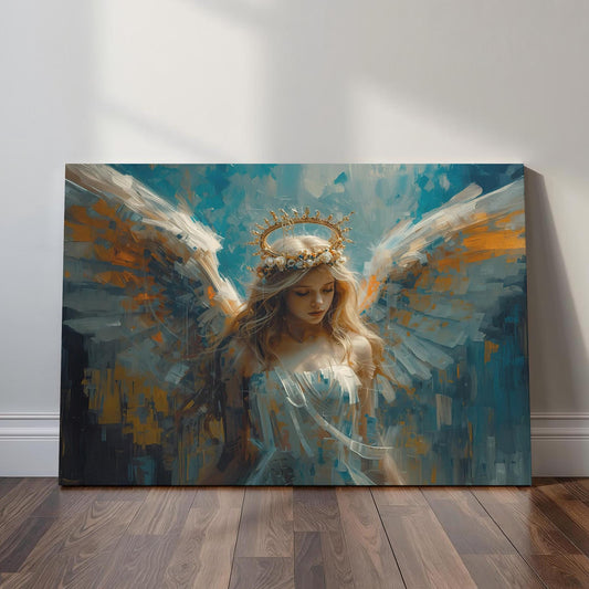 A beautiful fantasy artwork depicting an angelic woman with flowing blonde hair, a golden crown of flowers, and large soft wings. The background is painted in textured strokes of blue, gold, and white, creating a serene celestial atmosphere.
