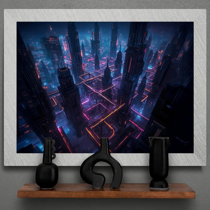 Highly detailed futuristic artwork showing a sprawling cyberpunk city from above. Neon-lit pathways weave between towering skyscrapers, casting pink, orange, and blue glows across the misty skyline for a dramatic sci-fi atmosphere.