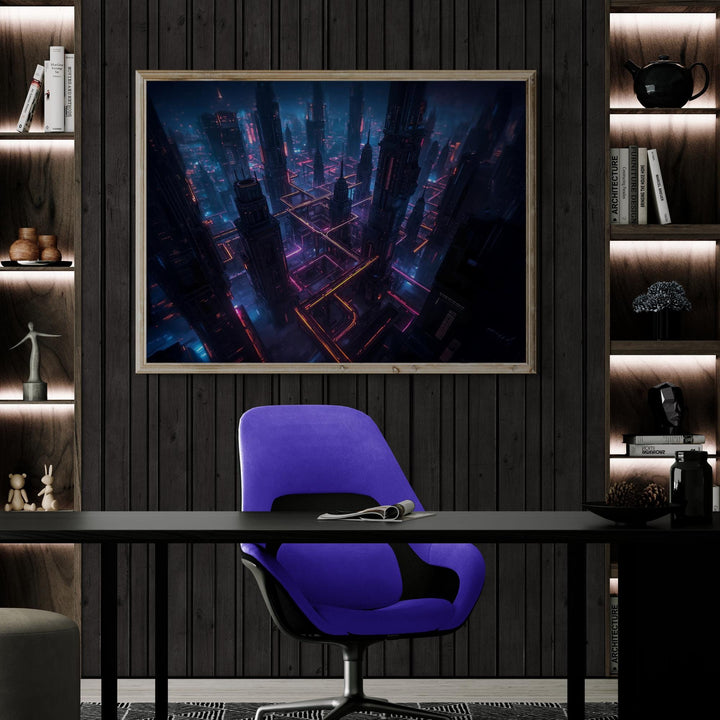 A glowing neon cyberpunk cityscape with towering skyscrapers and electric pathways in vibrant pink, blue, and orange light.