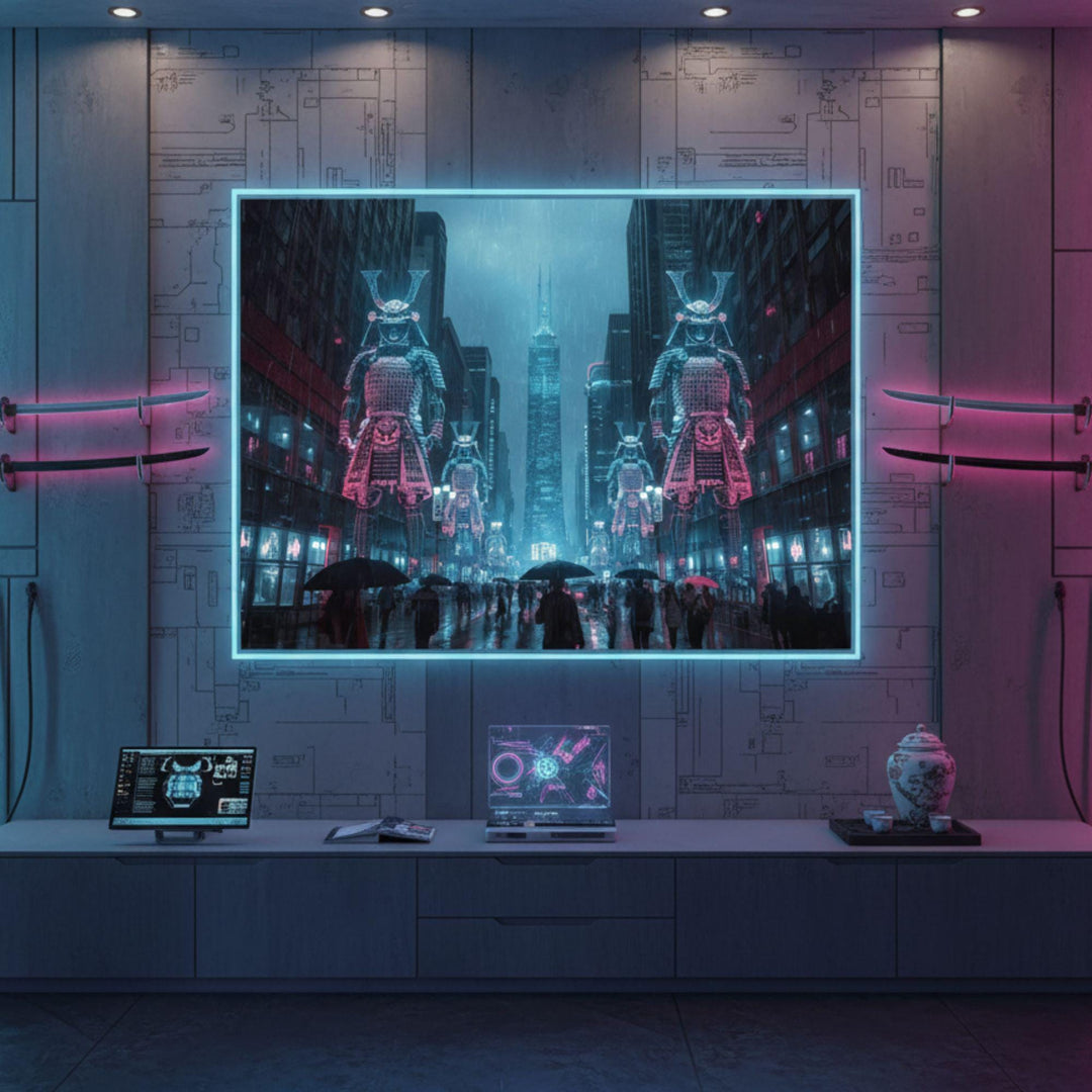 Futuristic neon-lit samurai towering over a rainy city street filled with people and umbrellas.