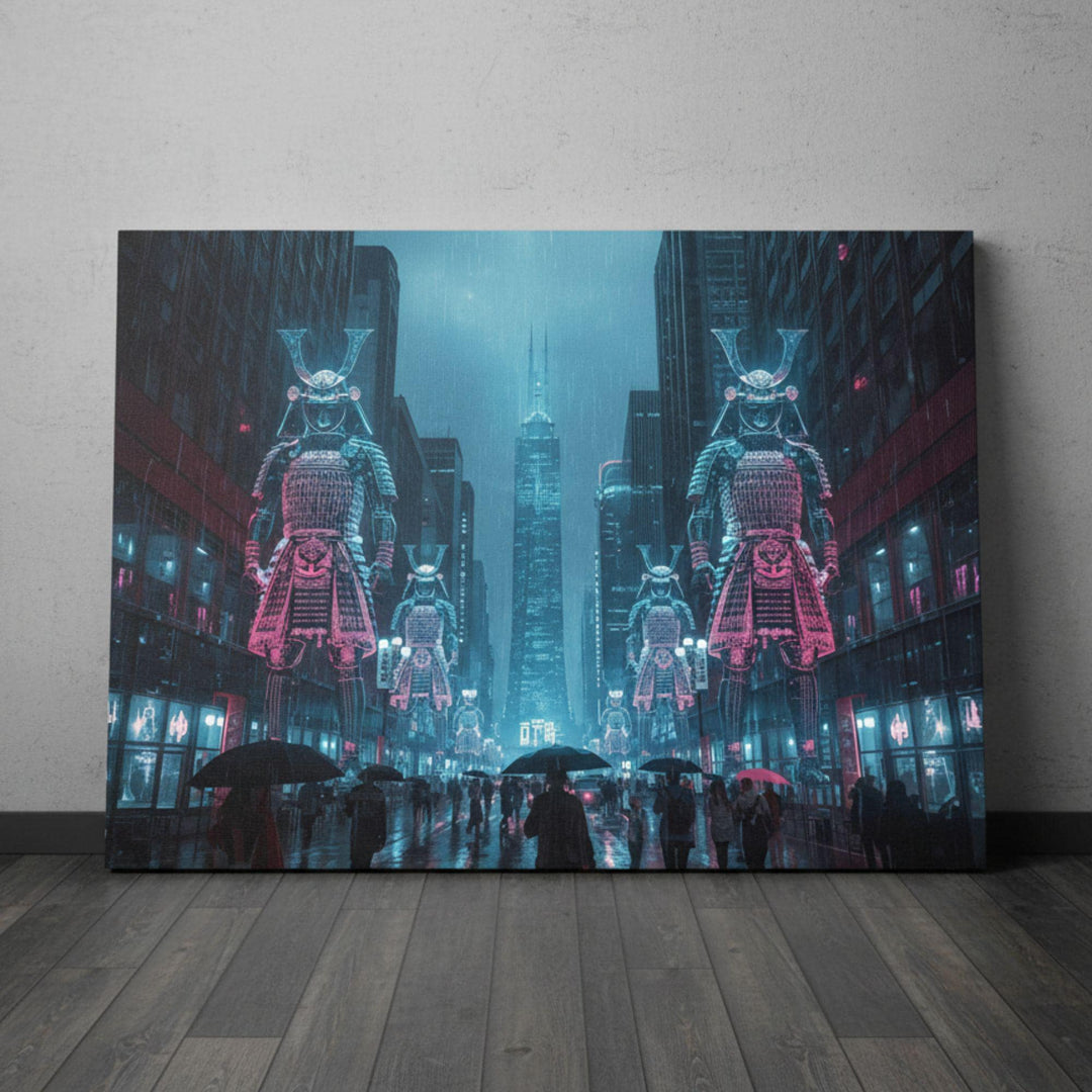 A cyberpunk cityscape with glowing holographic samurai warriors standing above the street. The scene shows rain, umbrellas, neon signs, and futuristic lighting in shades of blue and pink, creating a sci-fi dystopian atmosphere.