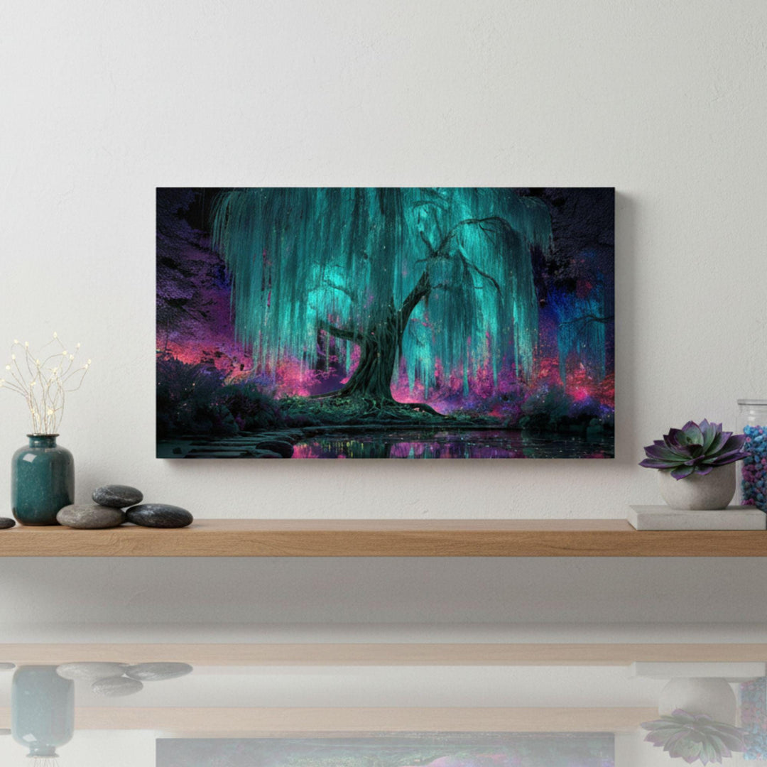 Glowing turquoise willow tree in a surreal neon forest reflected on a still pond.