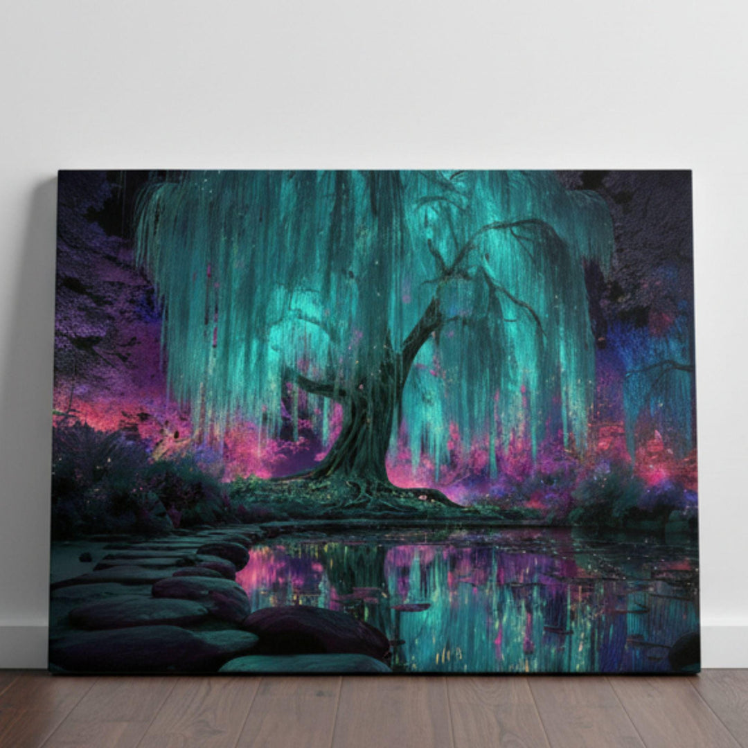 A vivid fantasy scene featuring a glowing turquoise willow tree draped over a reflective pond, surrounded by neon pink, purple, and blue bioluminescent forest plants. Magical firefly-like lights sparkle throughout the surreal dreamscape.