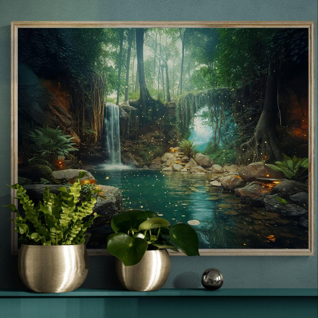 Magical enchanted forest artwork showing a gentle waterfall flowing into a glowing turquoise pond, surrounded by lush greenery, moss-covered stones, hanging roots, and floating firefly lights that create a dreamy, peaceful atmosphere.
