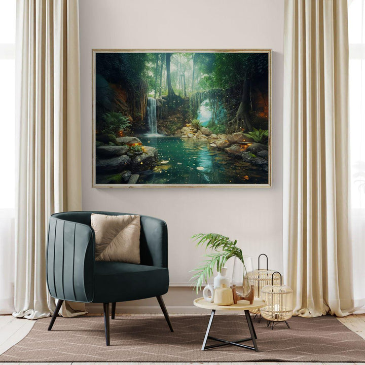 Enchanted forest waterfall artwork with glowing fireflies and lush greenery.