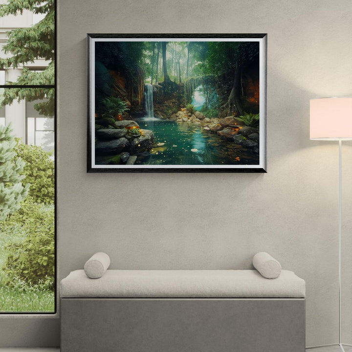 Fantasy forest scene featuring a waterfall, glowing lights, mossy rocks, and a serene turquoise pool.