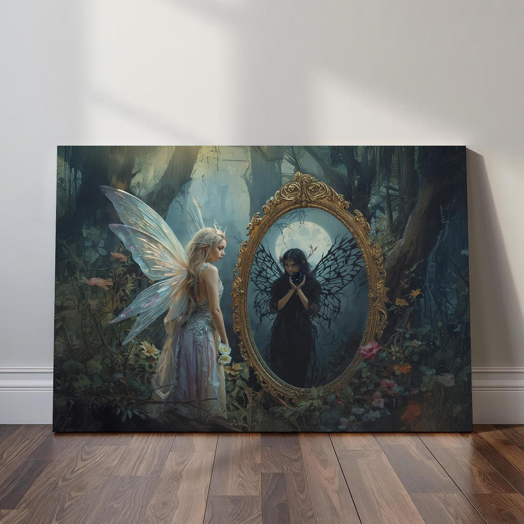 A beautifully haunting fairy with glowing wings stands in a dark enchanted forest, gazing into a vintage golden mirror. Inside, a shadowy gothic version of herself holds a magical orb beneath a full moon. Mist, flowers, and deep forest tones create an atmospheric dark fantasy aesthetic.