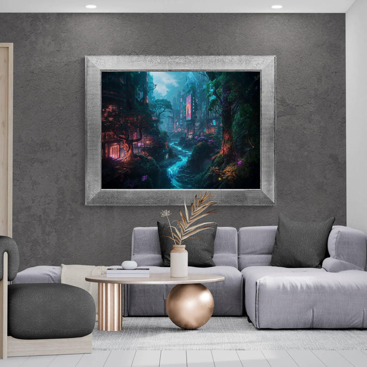 A futuristic cyberpunk city filled with neon lights blends with overgrown forest and a glowing electric-blue river winding through the scene.