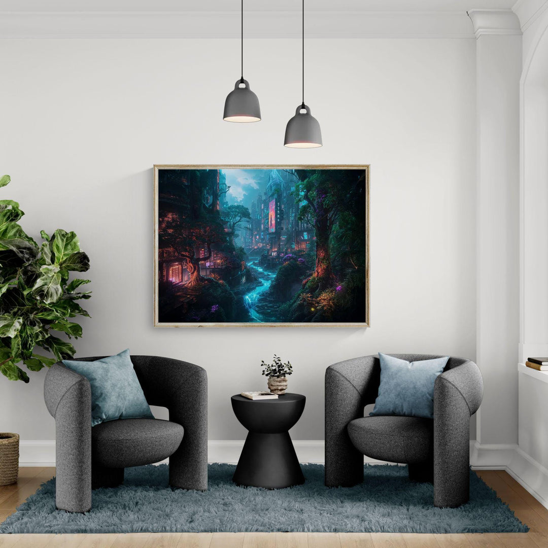 Neon cyberpunk city overtaken by forest with a glowing blue river.